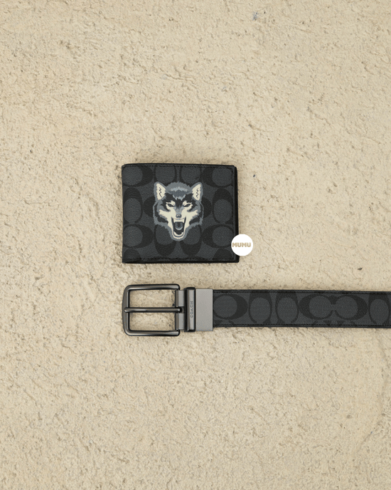 Boxed Wallet And Belt Gift Set In Signature Canvas With Wolf Motif Charcoal