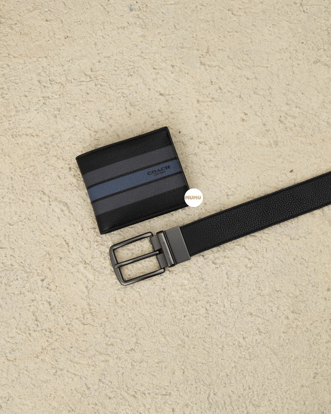 Boxed Wallet And Belt Gift Set In Varsity Leather Black Graphite Dark Denim
