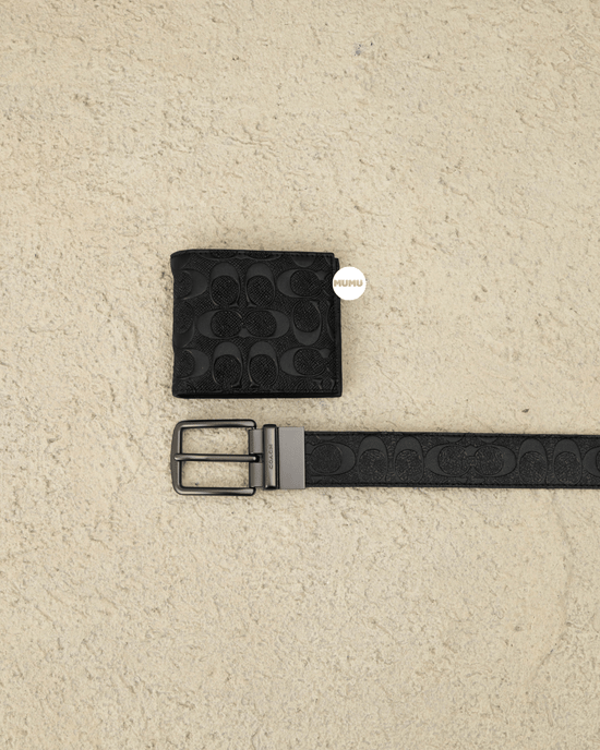 Boxed Wallet And Belt Gift Set In Signature Leather Black