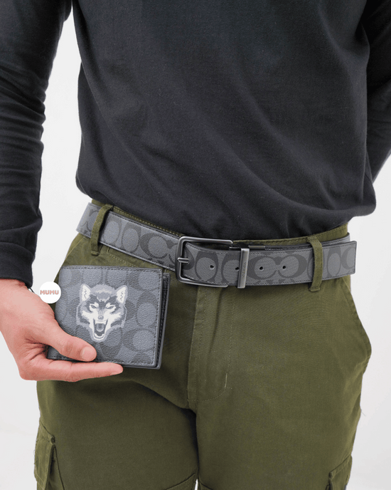 Boxed Wallet And Belt Gift Set In Signature Canvas With Wolf Motif Charcoal