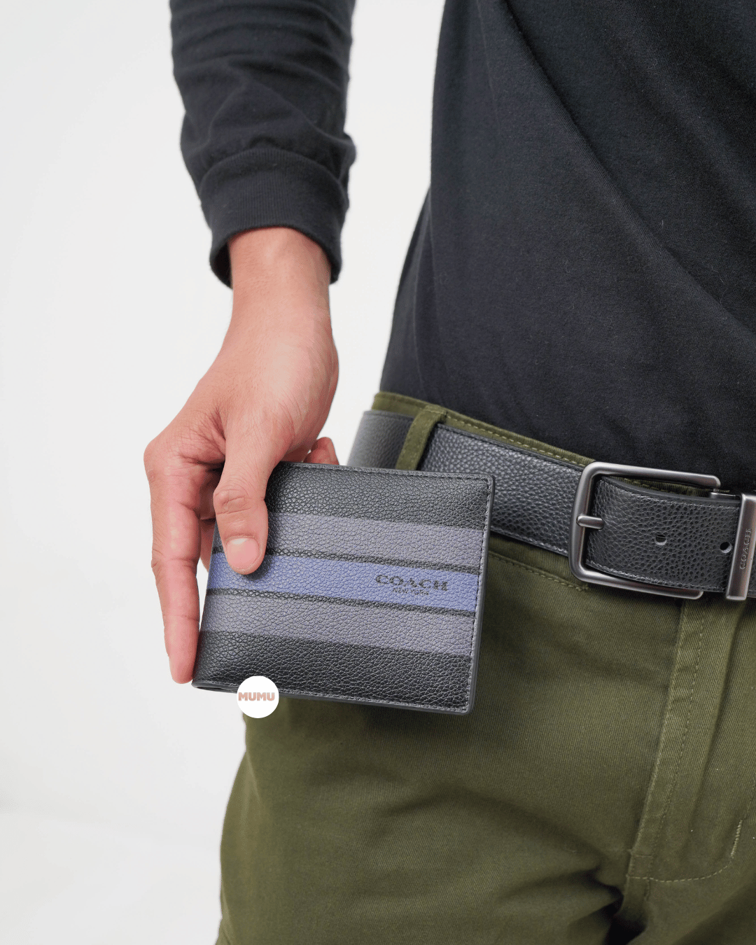 Boxed Wallet And Belt Gift Set In Varsity Leather Black Graphite Dark Denim