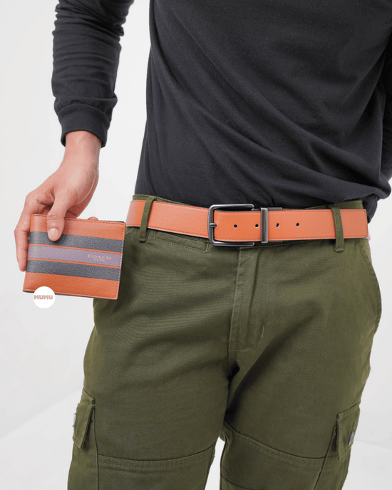 Boxed Wallet And Belt Gift Set In Varsity Leather Dark Saddle Black Mahogany