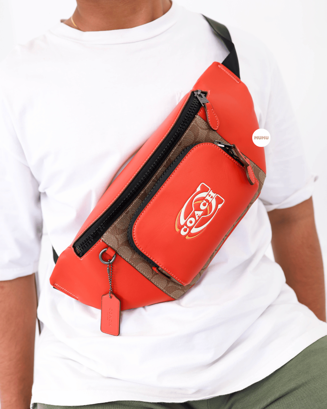 Track Belt Bag In Colorblock Signature Canvas With Coach Stamp 1941 Red Khaki Multi