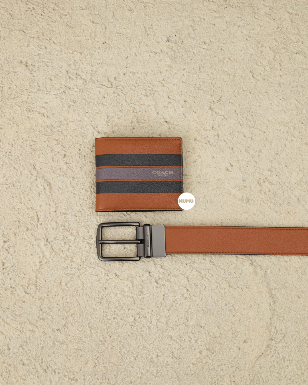Boxed Wallet And Belt Gift Set In Varsity Leather Dark Saddle Black Mahogany