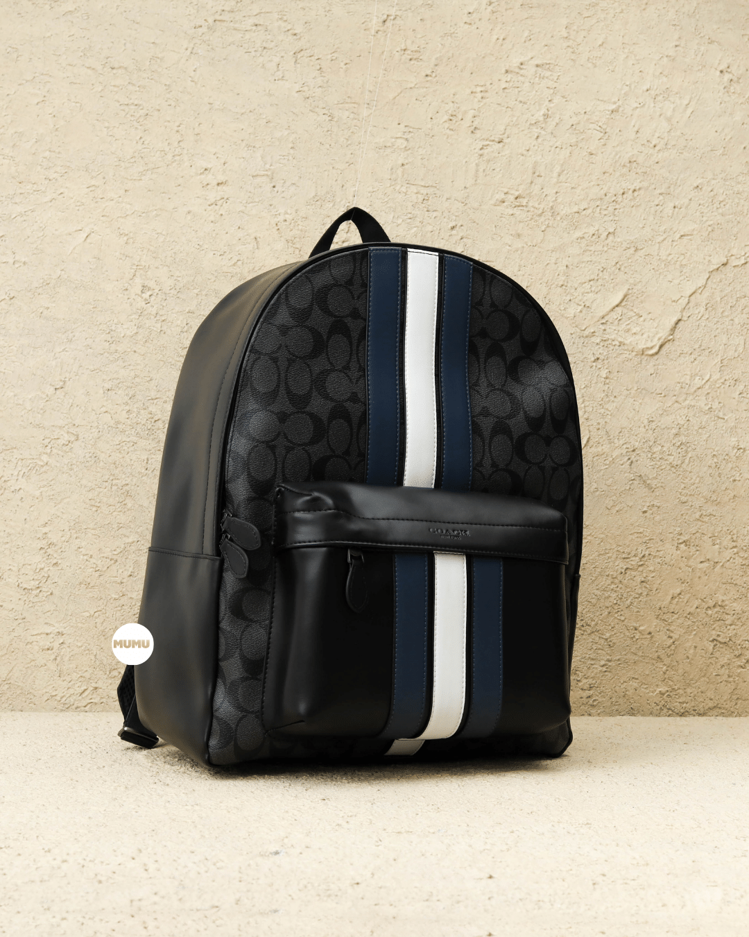 Charles Backpack In Signature Canvas With Varsity Stripe Charcoal Denim Chalk