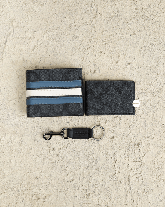 3-In-1 Wallet In Signature Canvas With Varsity Stripe Charcoal Denim Chalk