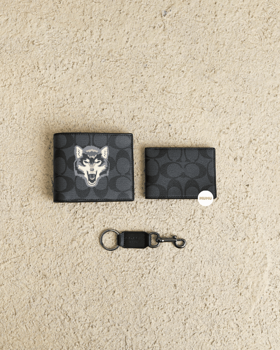 Double Billfold Wallet In Signature Canvas With Wolf Motif Black