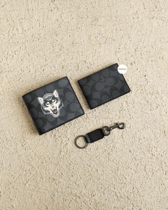 Double Billfold Wallet In Signature Canvas With Wolf Motif Black