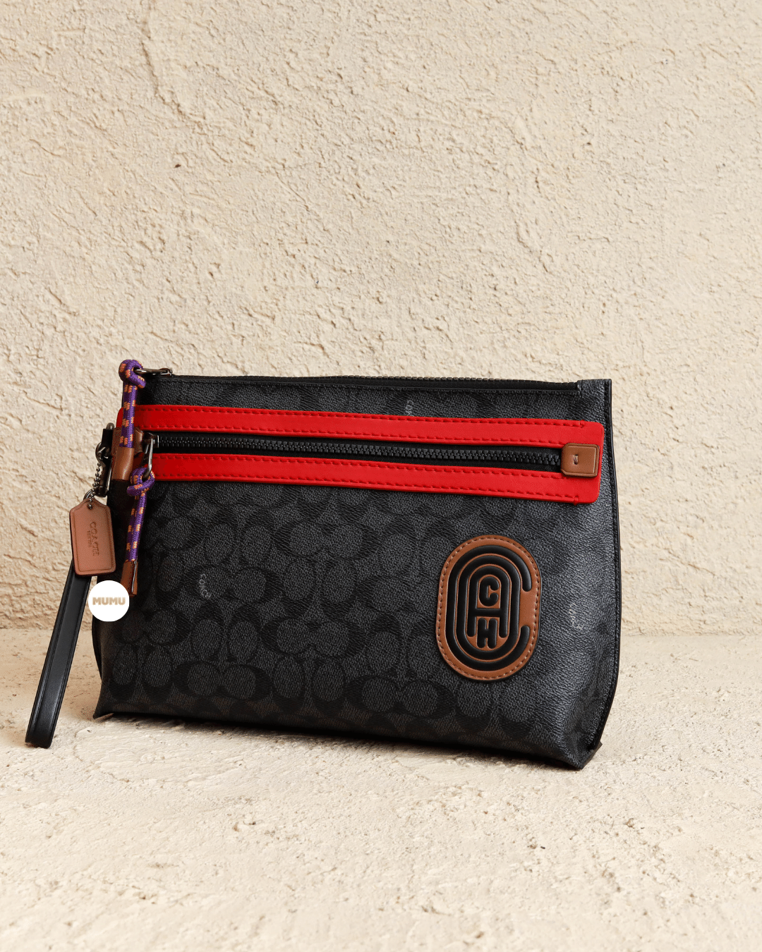Academy Pouch In Signature Canvas With Coach Patch Charcoal Red