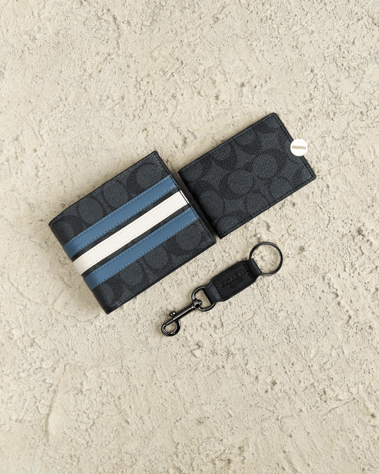 3-In-1 Wallet In Signature Canvas With Varsity Stripe Charcoal Denim Chalk