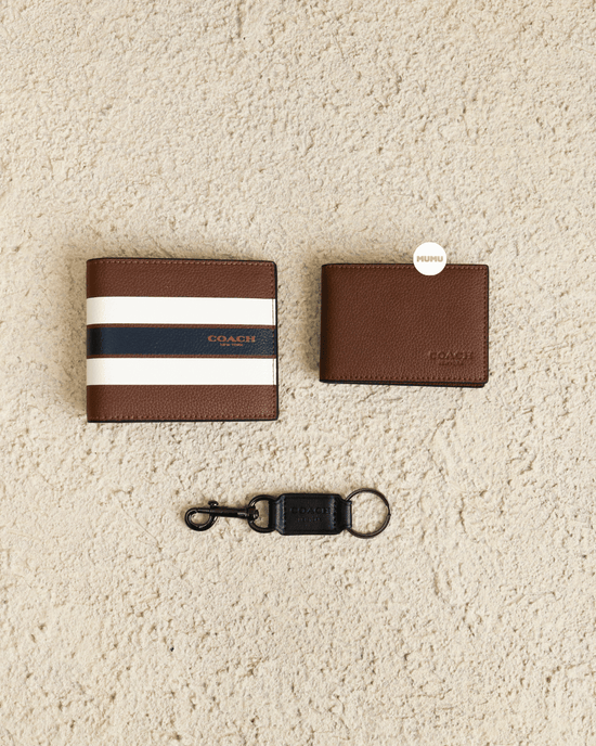 Compact Id Wallet In Varsity Leather Dark Saddle